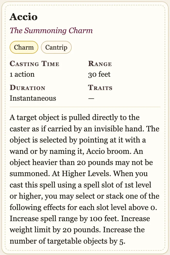 An Accio spell card on parchment